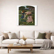 Gallery-wrapped canvas print of John William Waterhouse's Gather Ye Rosebuds While Ye May displayed on a wall in a living room