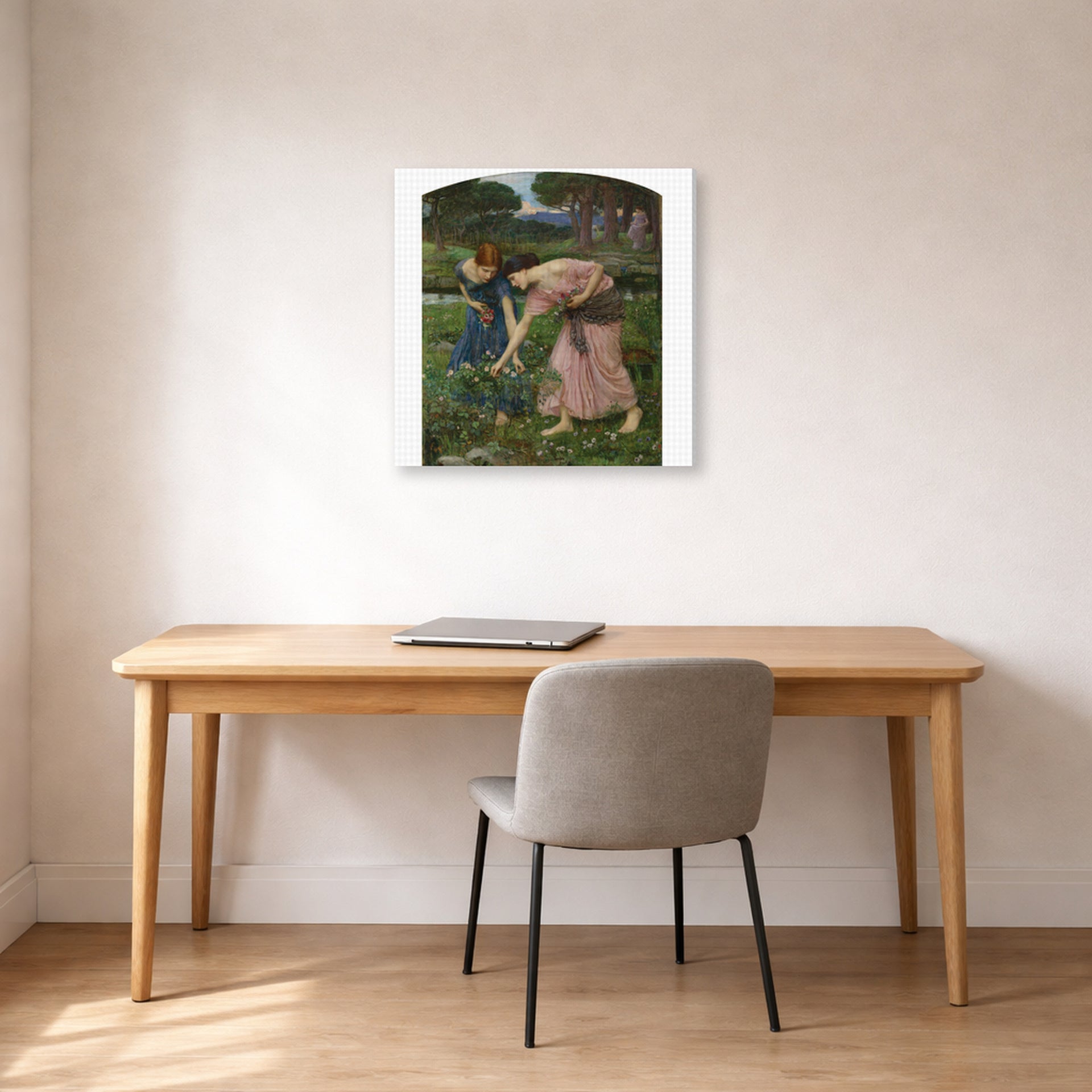 Gallery-wrapped canvas print of John William Waterhouse's Gather Ye Rosebuds While Ye May displayed on a wall in a office