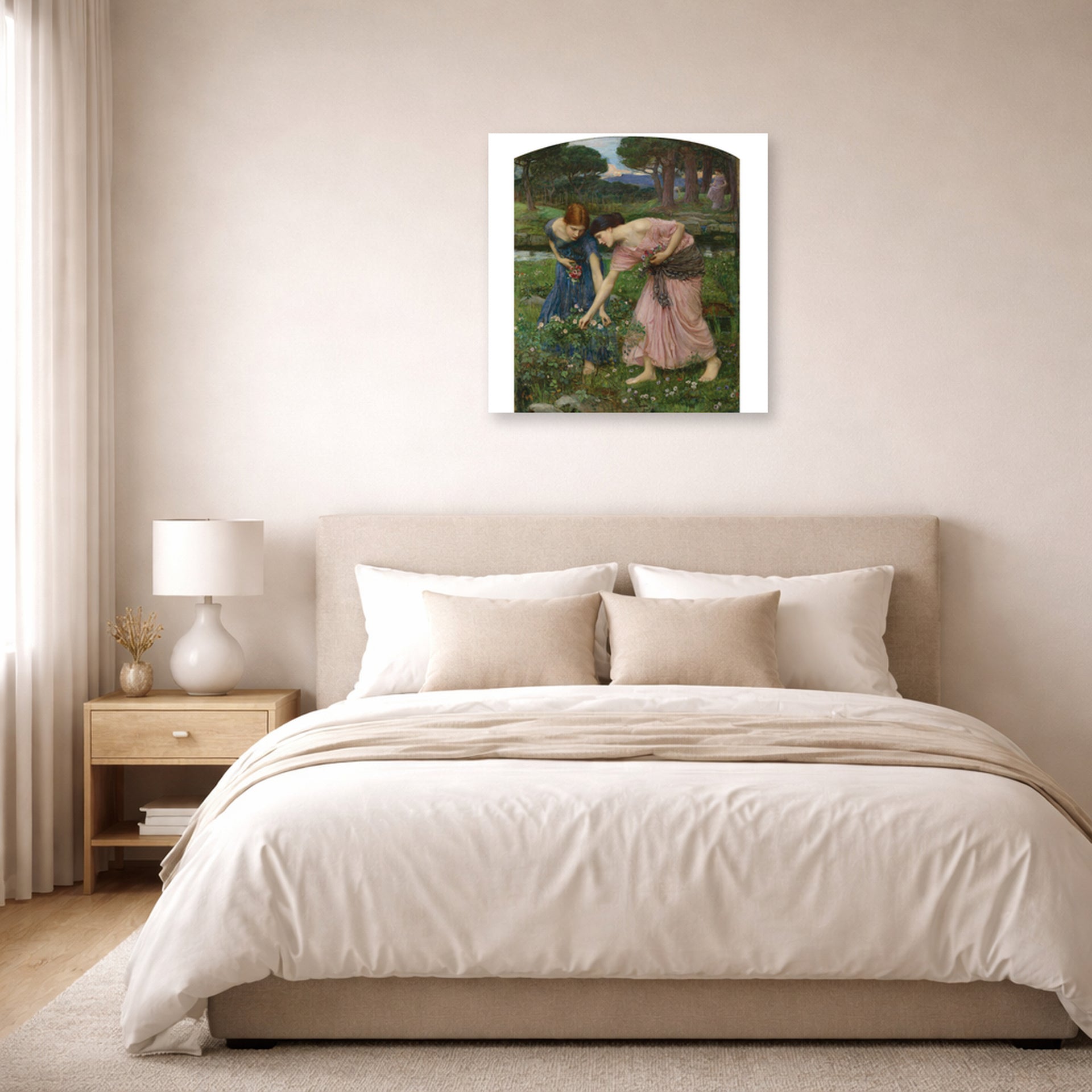 Unframed poster print of John William Waterhouse's Gather Ye Rosebuds While Ye May displayed on a wall in a bedroom