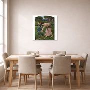 Unframed poster print of John William Waterhouse's Gather Ye Rosebuds While Ye May displayed on a wall in a dining room