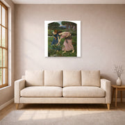 Unframed poster print of John William Waterhouse's Gather Ye Rosebuds While Ye May displayed on a wall in a living room