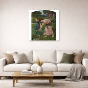 Unframed poster print of John William Waterhouse's Gather Ye Rosebuds While Ye May displayed on a wall in a living room