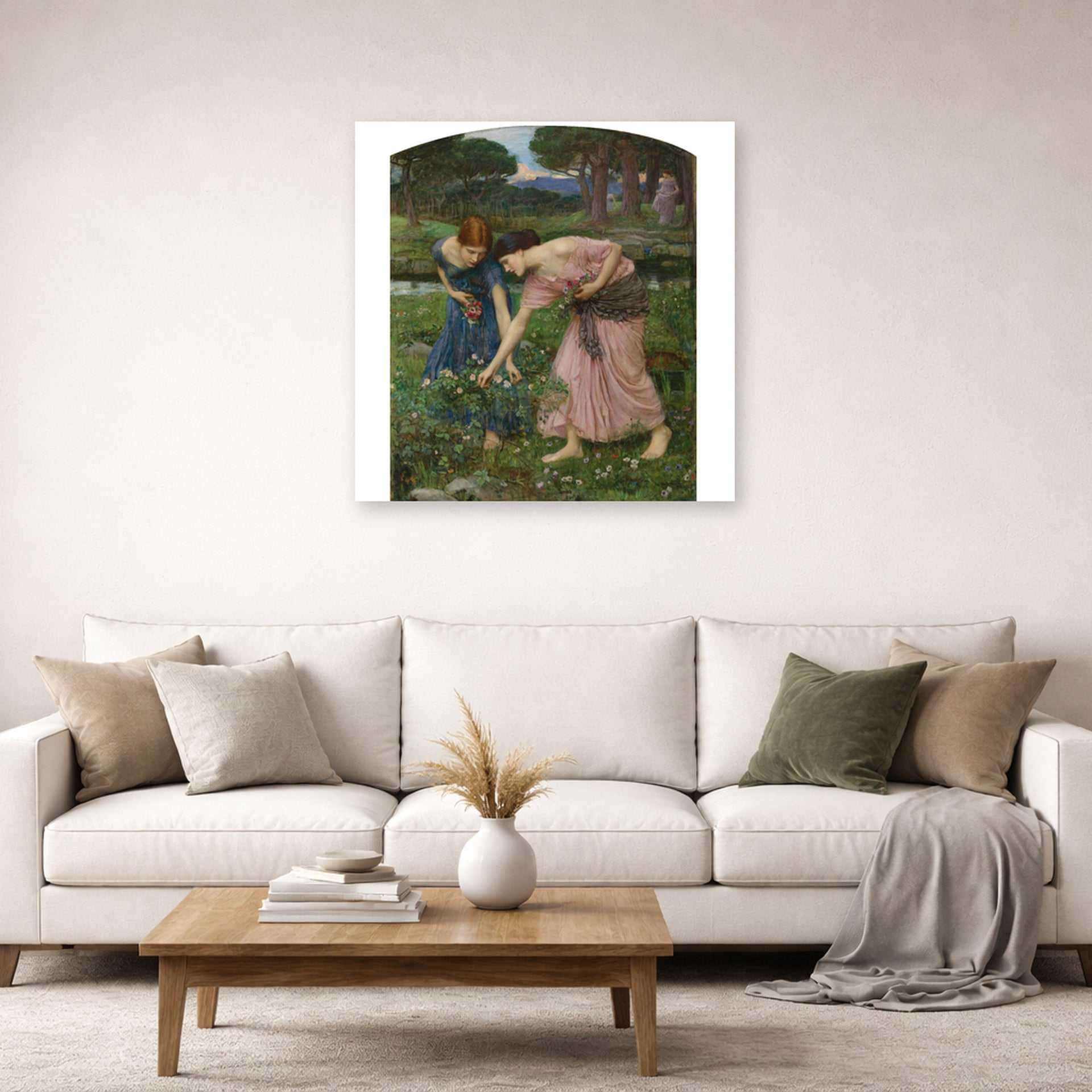 Unframed poster print of John William Waterhouse's Gather Ye Rosebuds While Ye May displayed on a wall in a living room