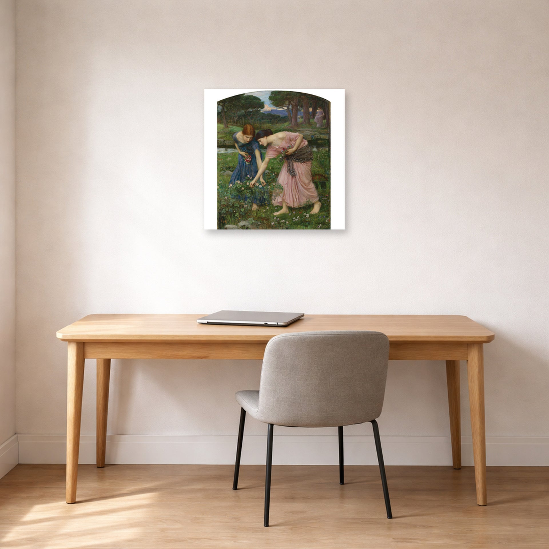 Unframed poster print of John William Waterhouse's Gather Ye Rosebuds While Ye May displayed on a wall in a office