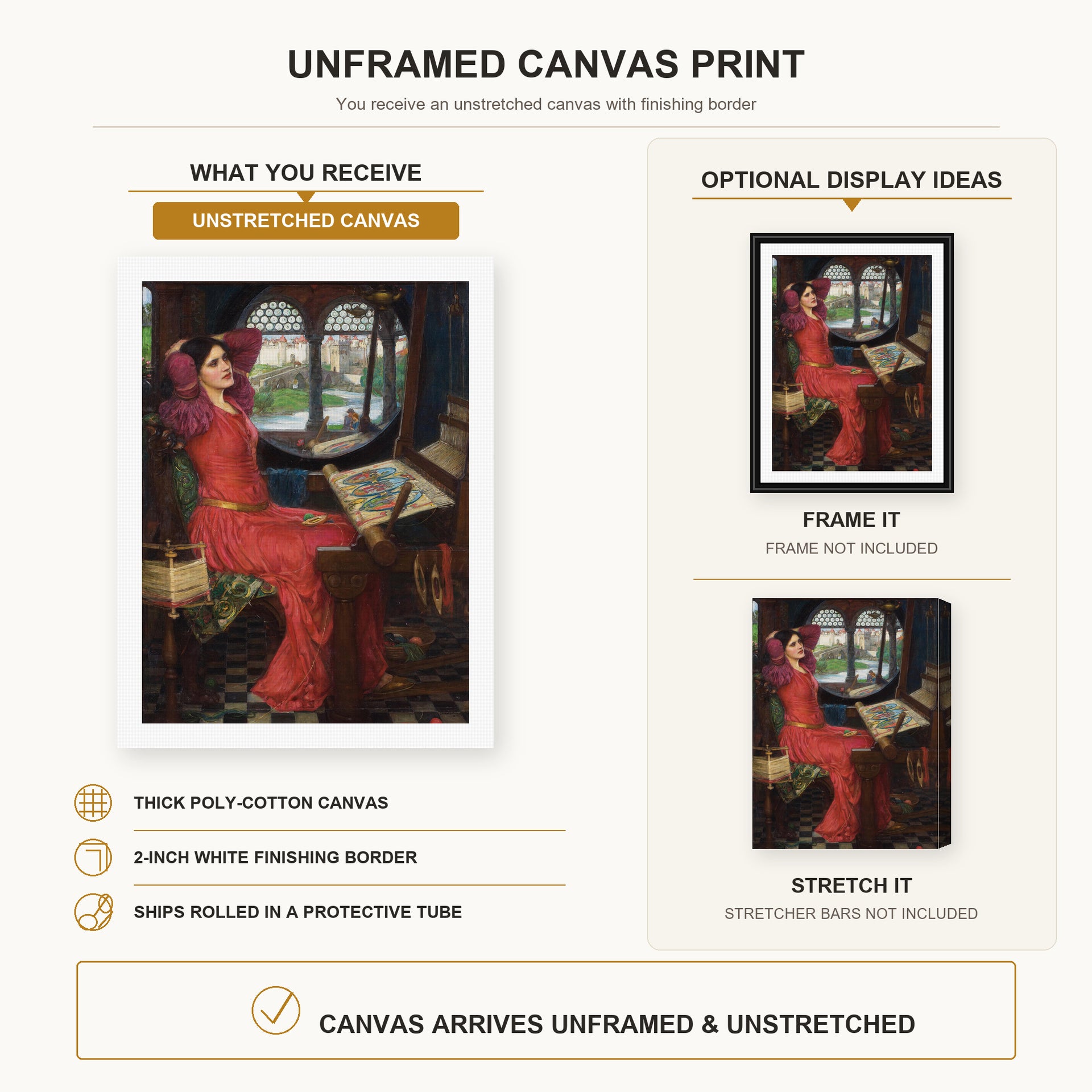 John William Waterhouse - I am Half Sick of Shadows canvas print size comparison and framing display infographic