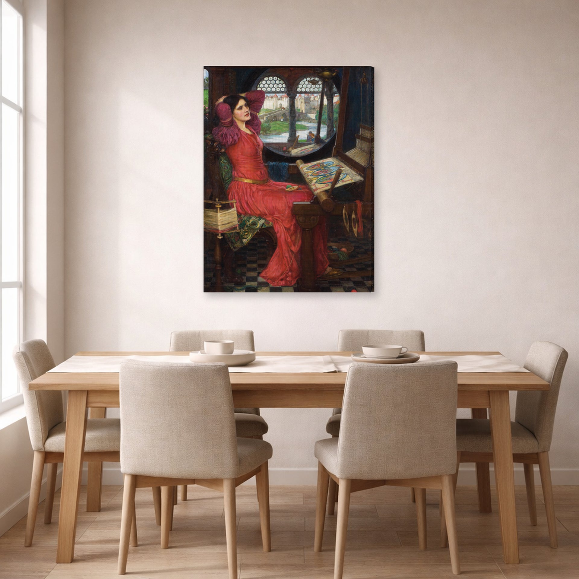 Gallery-wrapped canvas print of John William Waterhouse's I am Half Sick of Shadows displayed on a wall in a dining room