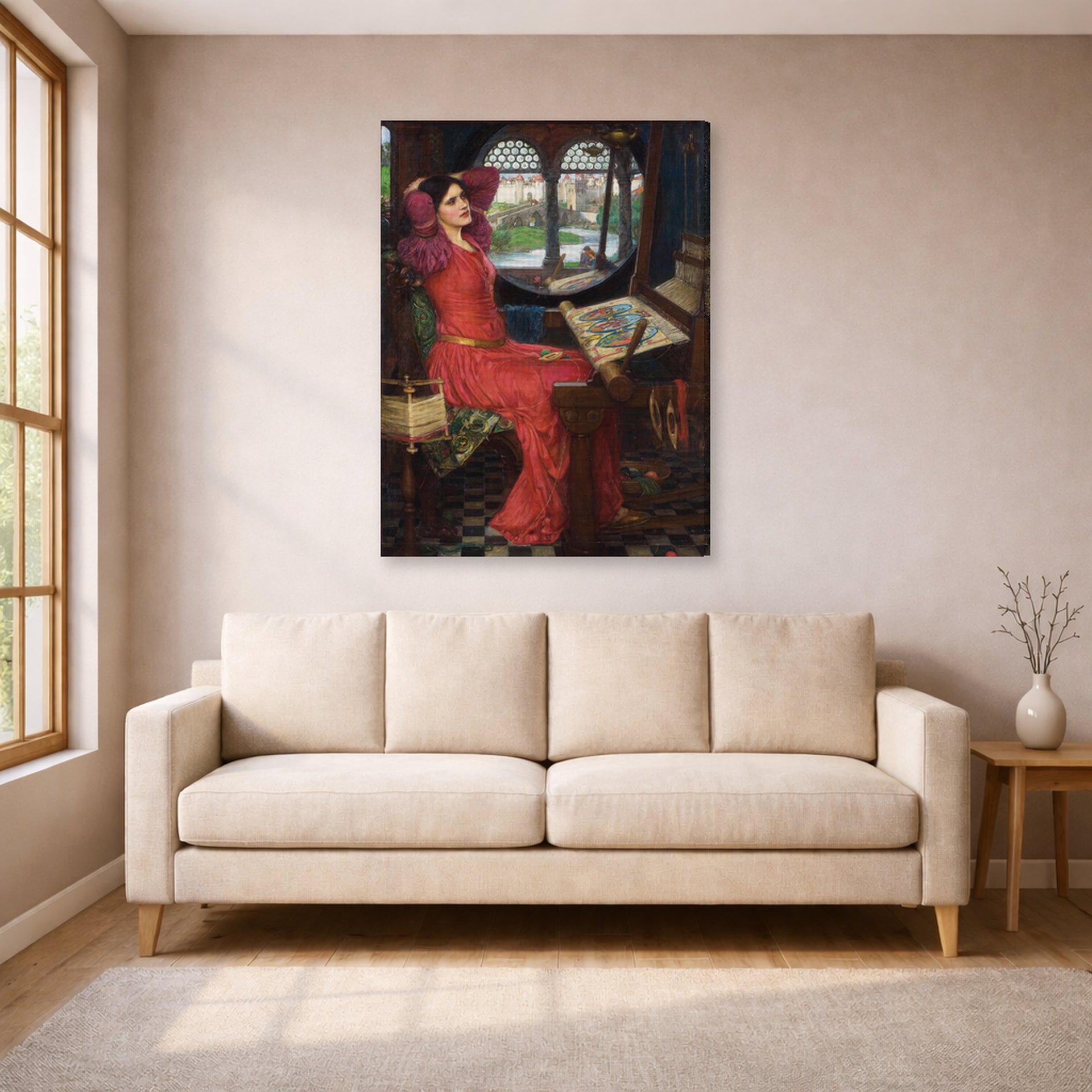 Gallery-wrapped canvas print of John William Waterhouse's I am Half Sick of Shadows displayed on a wall in a living room