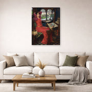 Gallery-wrapped canvas print of John William Waterhouse's I am Half Sick of Shadows displayed on a wall in a living room
