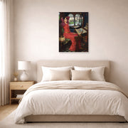 Unframed poster print of John William Waterhouse's I am Half Sick of Shadows displayed on a wall in a bedroom