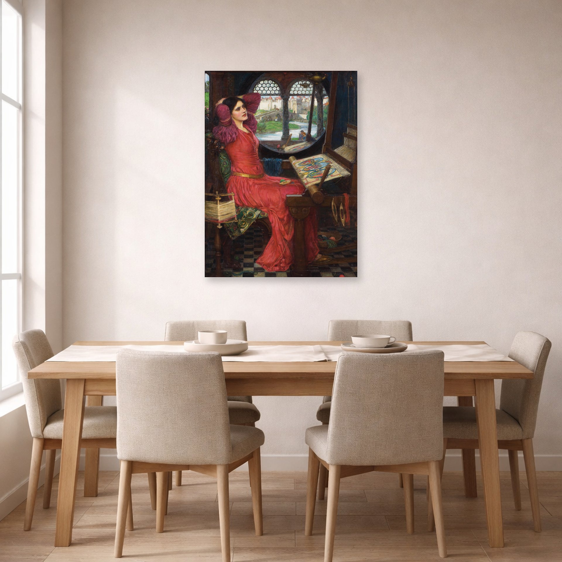 Unframed poster print of John William Waterhouse's I am Half Sick of Shadows displayed on a wall in a dining room