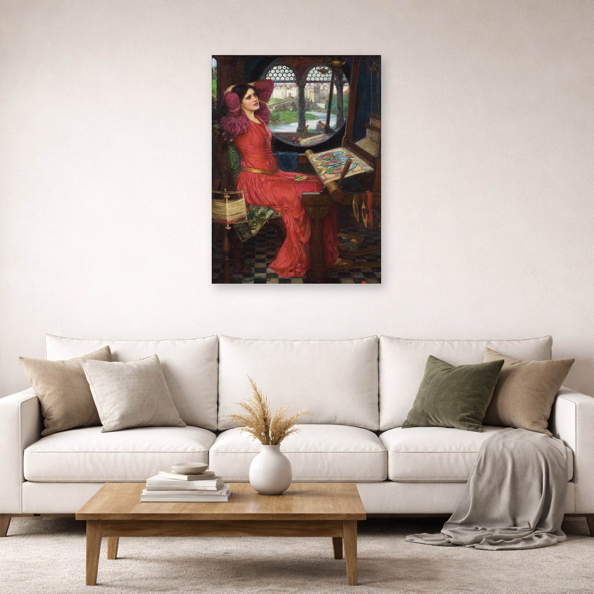 Unframed poster print of John William Waterhouse's I am Half Sick of Shadows displayed on a wall in a living room