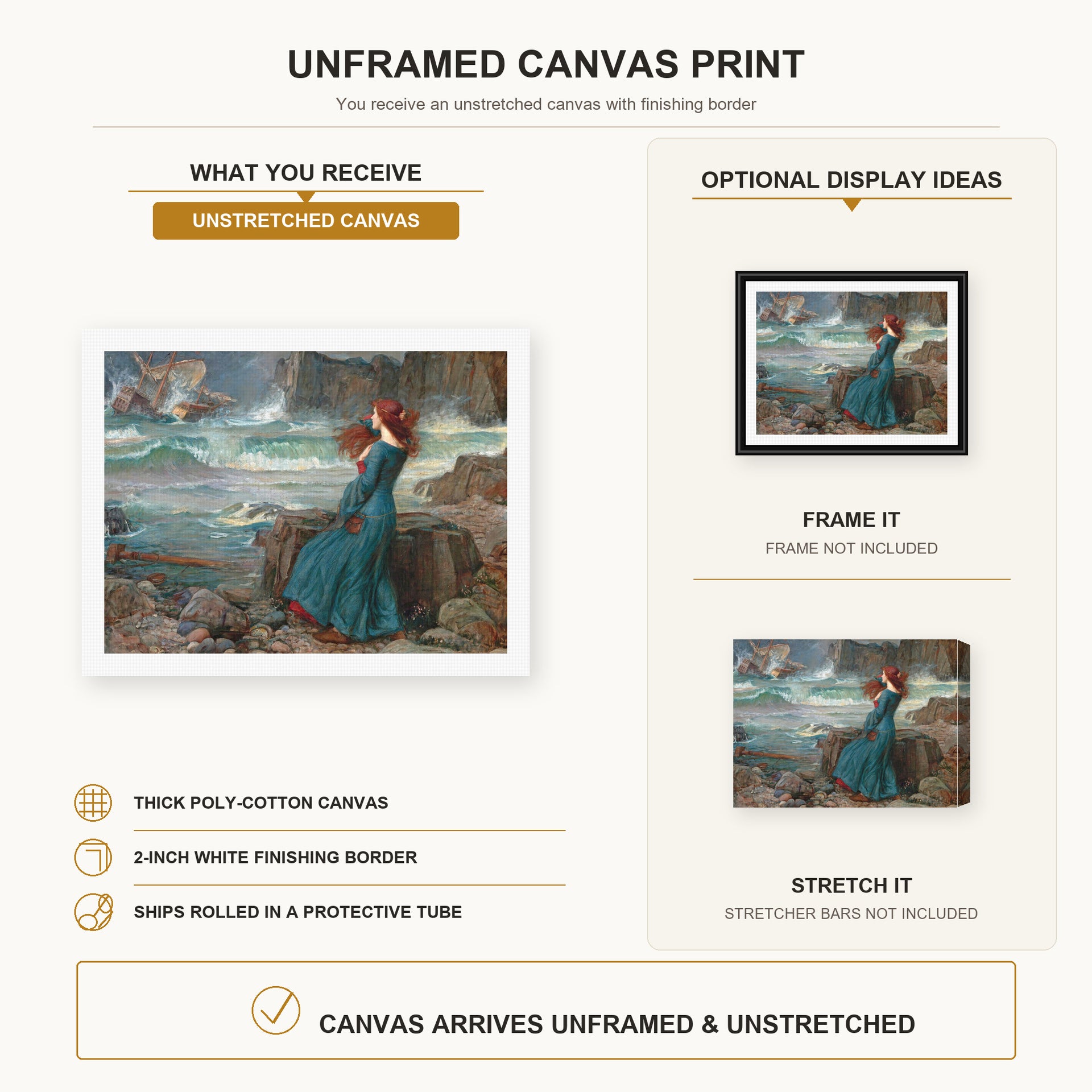 John William Waterhouse - Miranda observing the wreck of the King's ship canvas print size comparison and framing display infographic