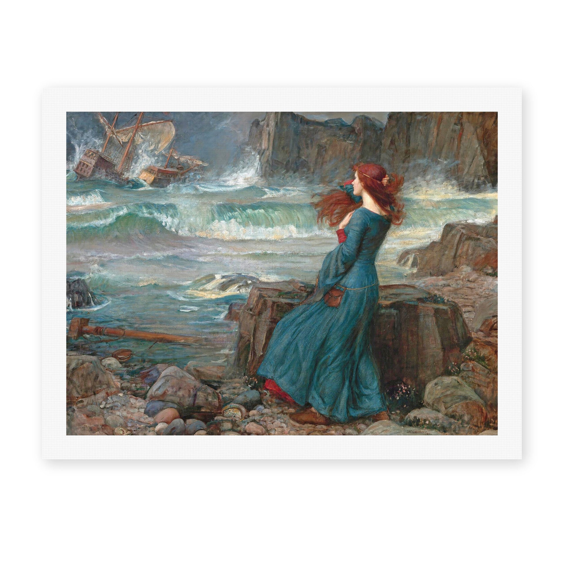 John William Waterhouse's 'Miranda observing the wreck of the King's ship' painting reproduced as a rolled canvas print