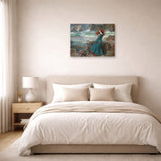 Gallery-wrapped canvas print of John William Waterhouse's Miranda observing the wreck of the King's ship displayed on a wall in a bedroom