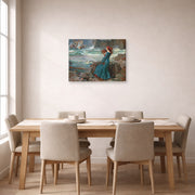Gallery-wrapped canvas print of John William Waterhouse's Miranda observing the wreck of the King's ship displayed on a wall in a dining room