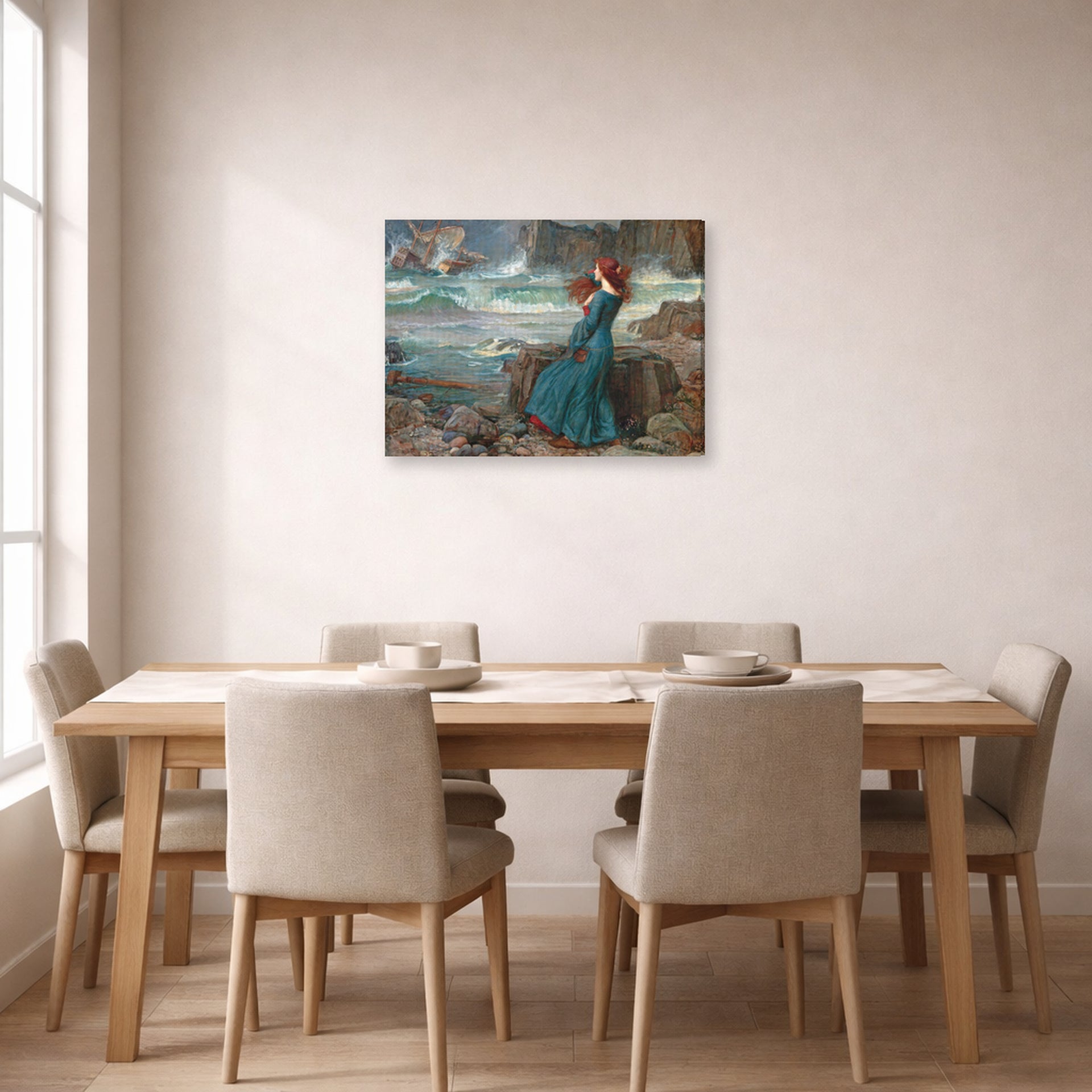 Gallery-wrapped canvas print of John William Waterhouse's Miranda observing the wreck of the King's ship displayed on a wall in a dining room