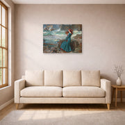 Gallery-wrapped canvas print of John William Waterhouse's Miranda observing the wreck of the King's ship displayed on a wall in a living room