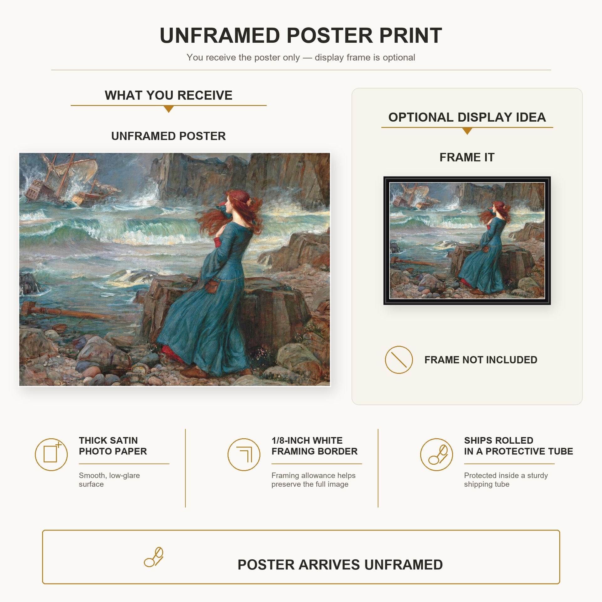 John William Waterhouse - Miranda observing the wreck of the King's ship poster print size comparison and framing display infographic