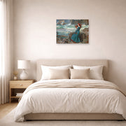 Unframed poster print of John William Waterhouse's Miranda observing the wreck of the King's ship displayed on a wall in a bedroom