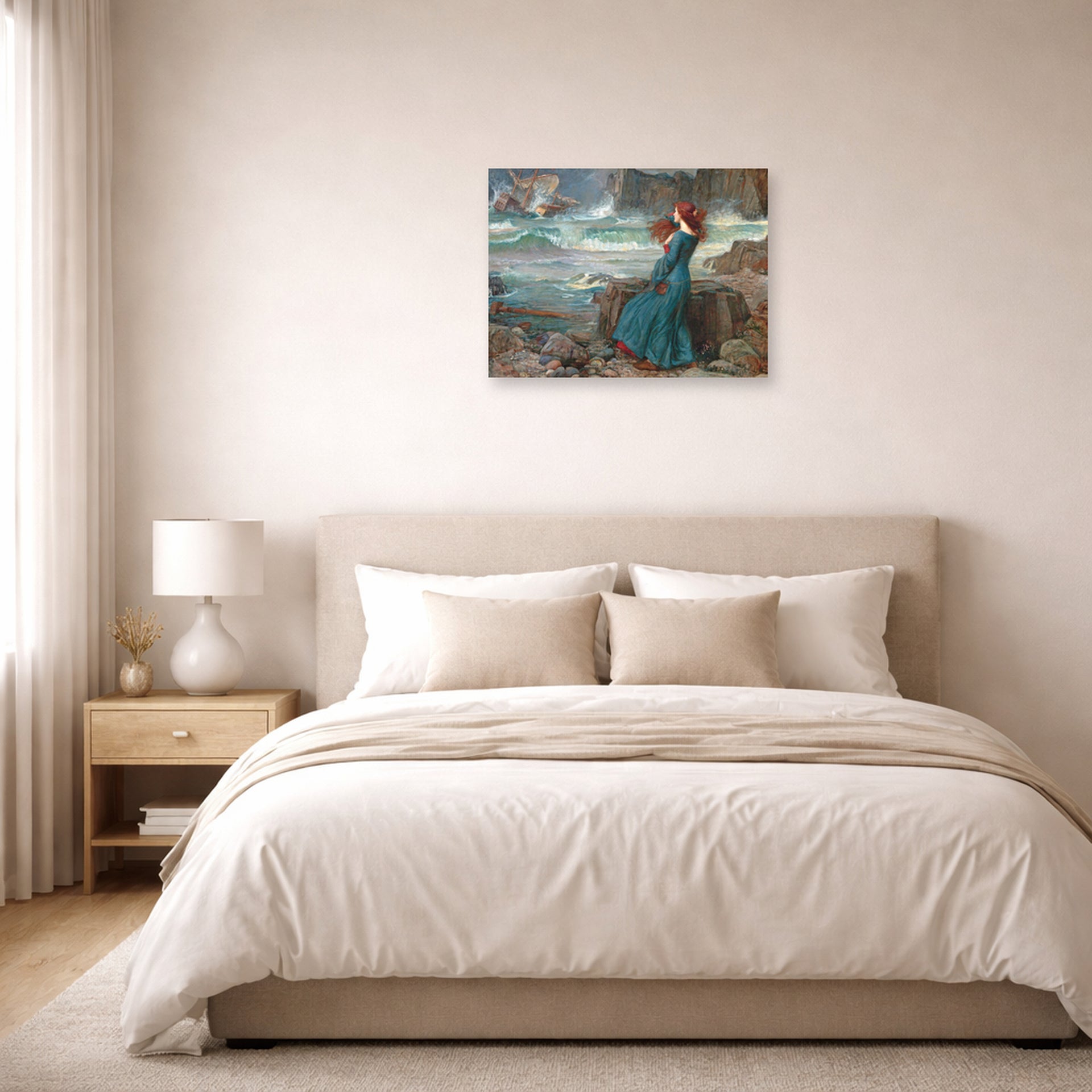 Unframed poster print of John William Waterhouse's Miranda observing the wreck of the King's ship displayed on a wall in a bedroom