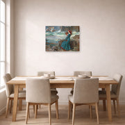 Unframed poster print of John William Waterhouse's Miranda observing the wreck of the King's ship displayed on a wall in a dining room