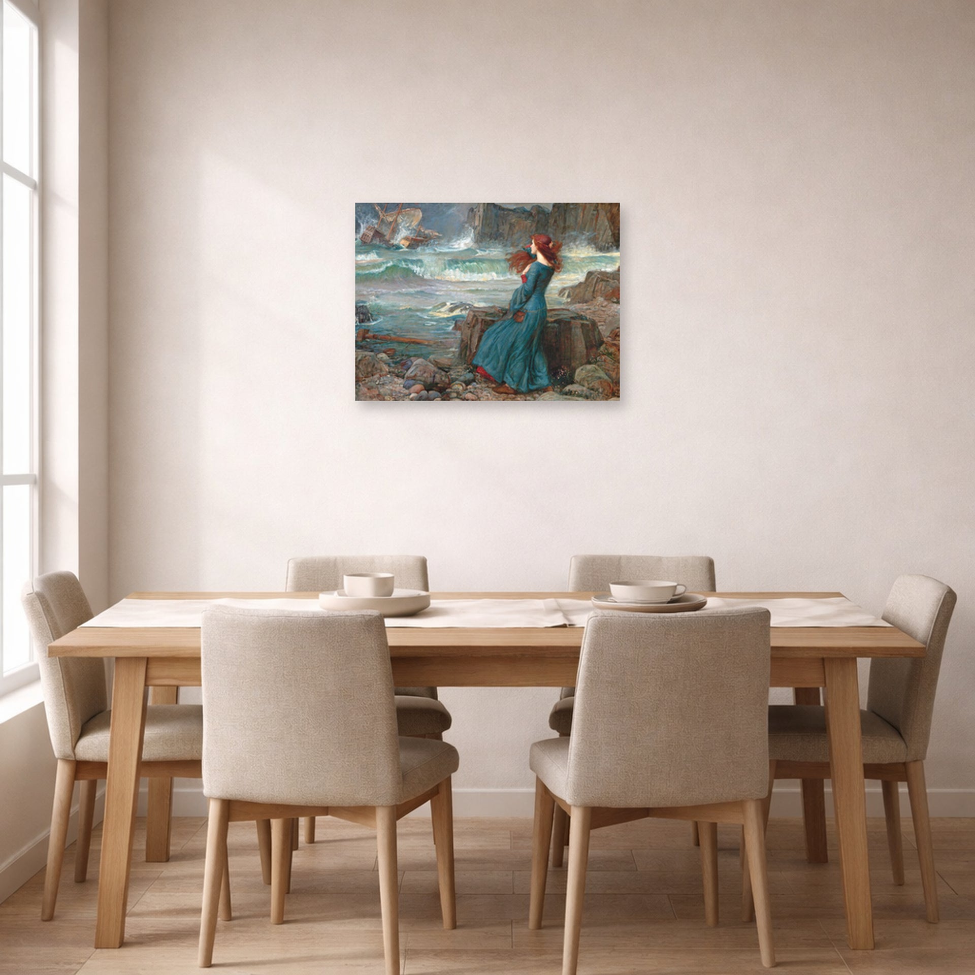 Unframed poster print of John William Waterhouse's Miranda observing the wreck of the King's ship displayed on a wall in a dining room