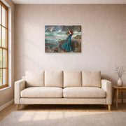 Unframed poster print of John William Waterhouse's Miranda observing the wreck of the King's ship displayed on a wall in a living room