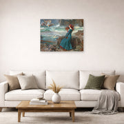 Unframed poster print of John William Waterhouse's Miranda observing the wreck of the King's ship displayed on a wall in a living room