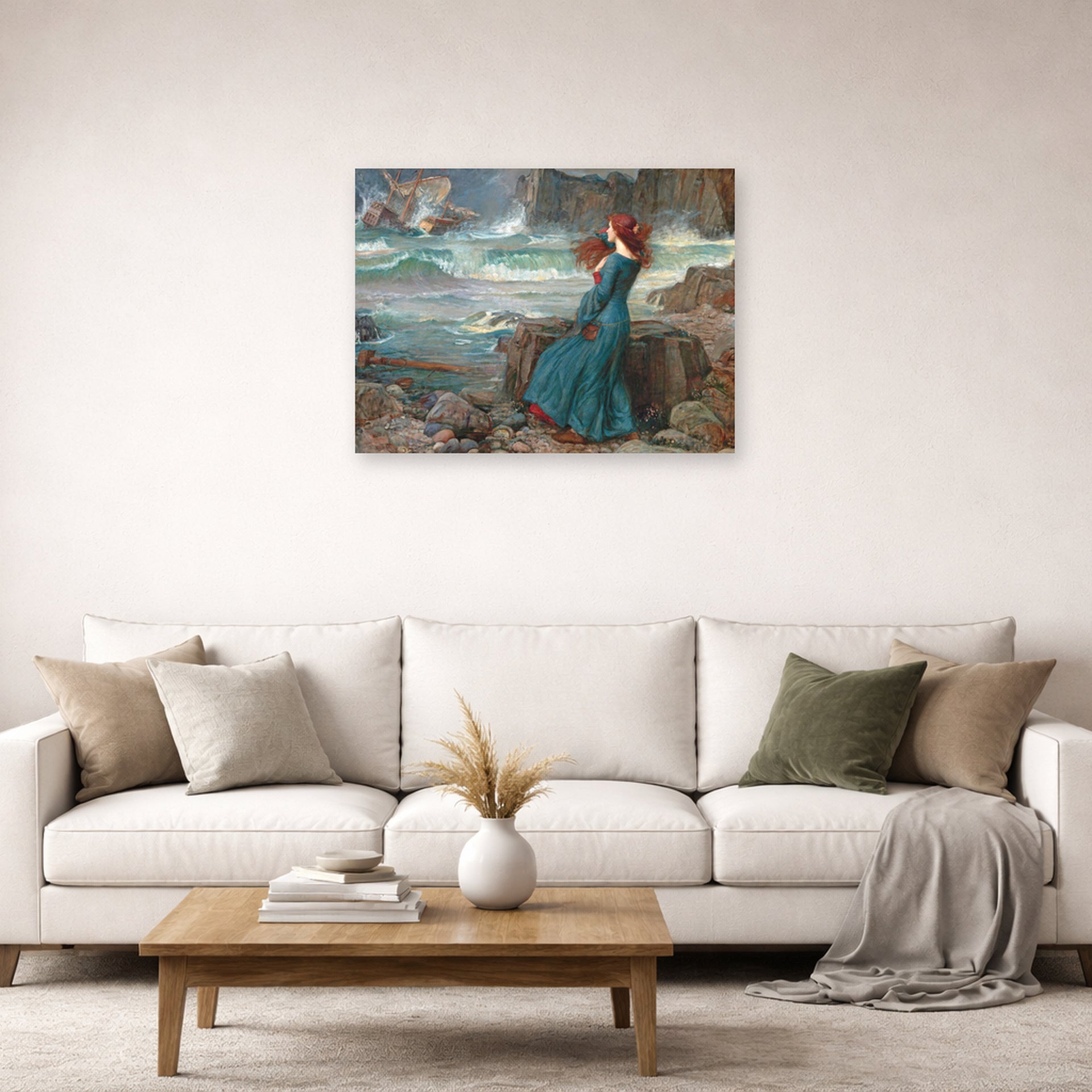 Unframed poster print of John William Waterhouse's Miranda observing the wreck of the King's ship displayed on a wall in a living room