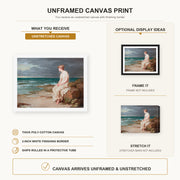 John William Waterhouse - Miranda canvas print size comparison and framing display infographic