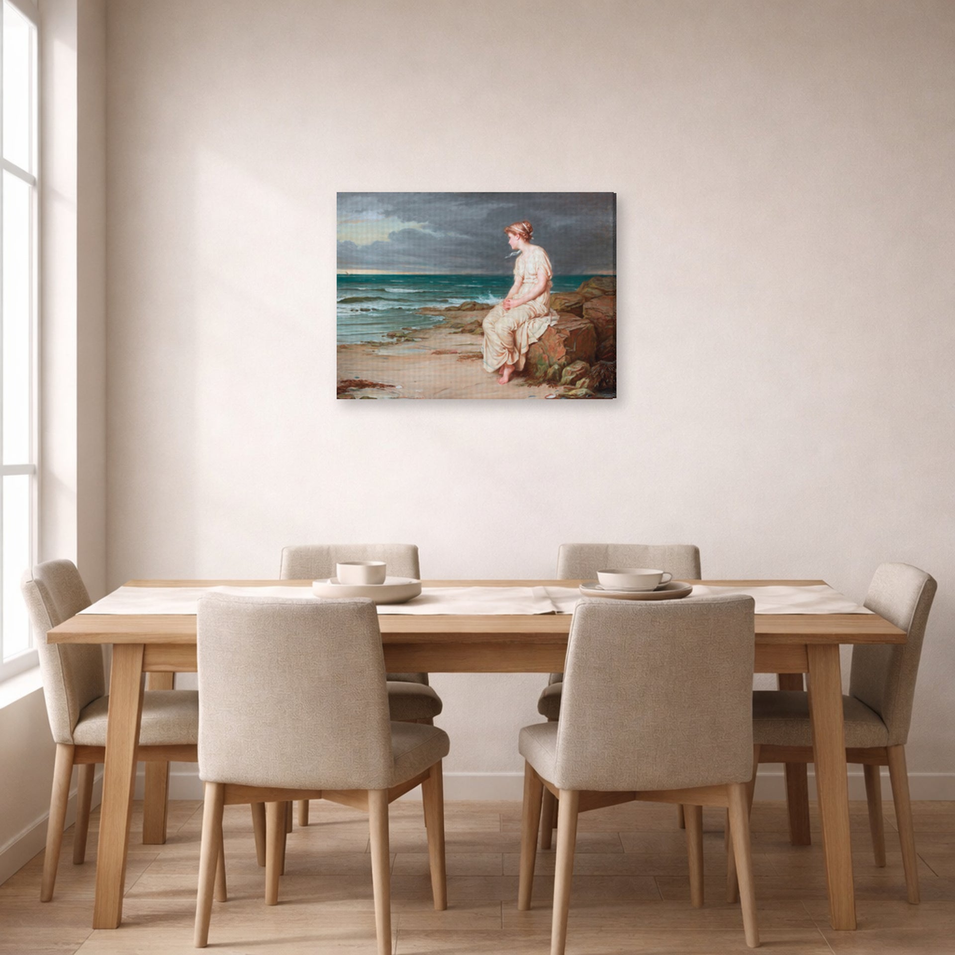 Gallery-wrapped canvas print of John William Waterhouse's Miranda displayed on a wall in a dining room