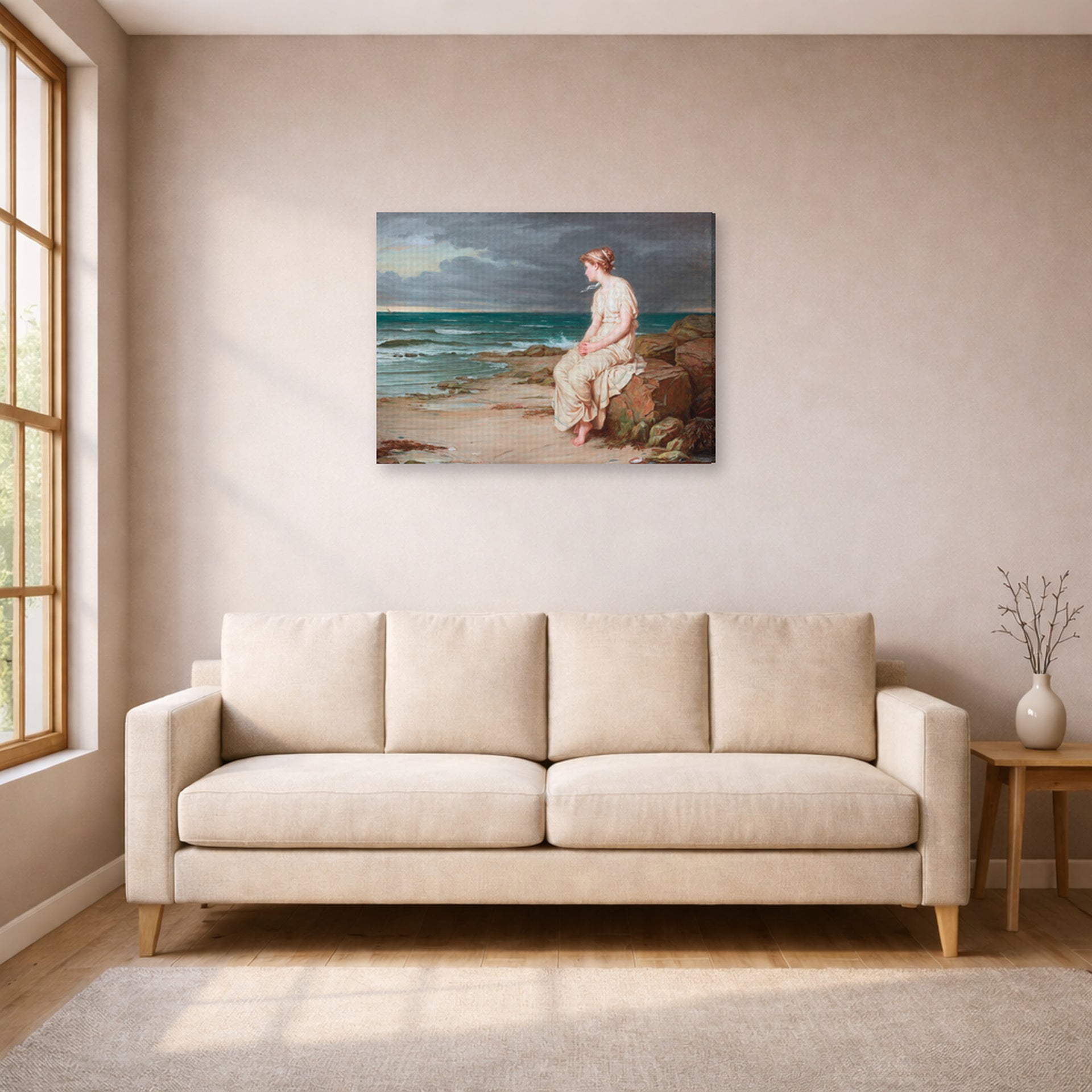 Gallery-wrapped canvas print of John William Waterhouse's Miranda displayed on a wall in a living room