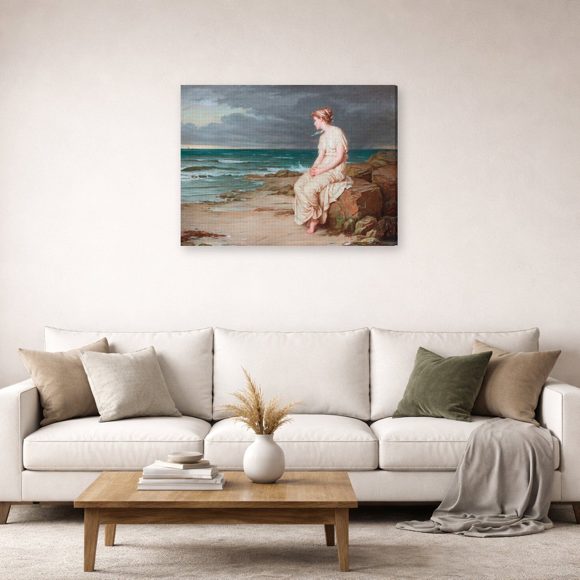 Gallery-wrapped canvas print of John William Waterhouse's Miranda displayed on a wall in a living room