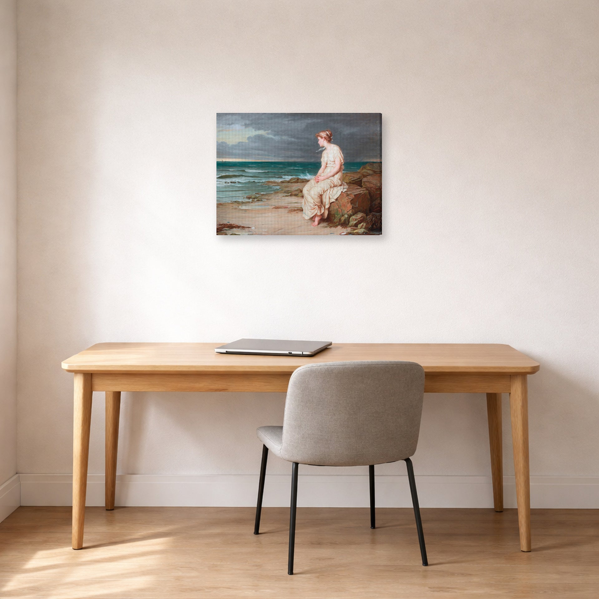 Gallery-wrapped canvas print of John William Waterhouse's Miranda displayed on a wall in a office