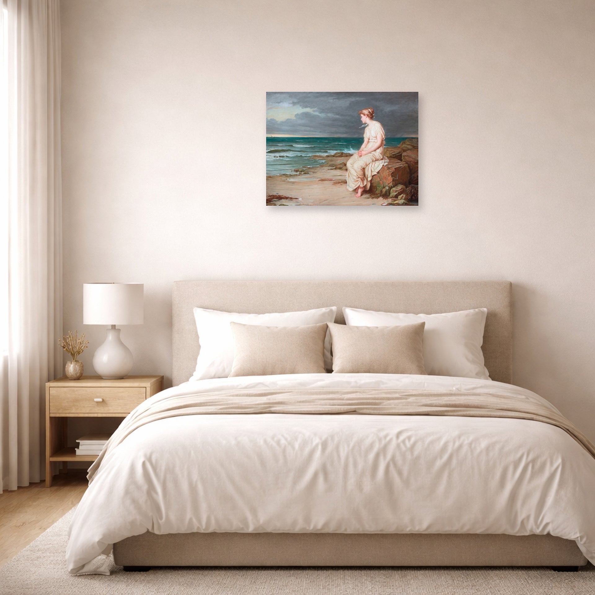 Unframed poster print of John William Waterhouse's Miranda displayed on a wall in a bedroom
