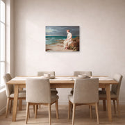 Unframed poster print of John William Waterhouse's Miranda displayed on a wall in a dining room