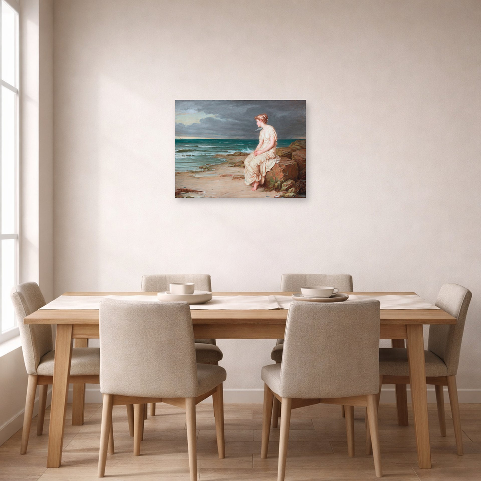 Unframed poster print of John William Waterhouse's Miranda displayed on a wall in a dining room