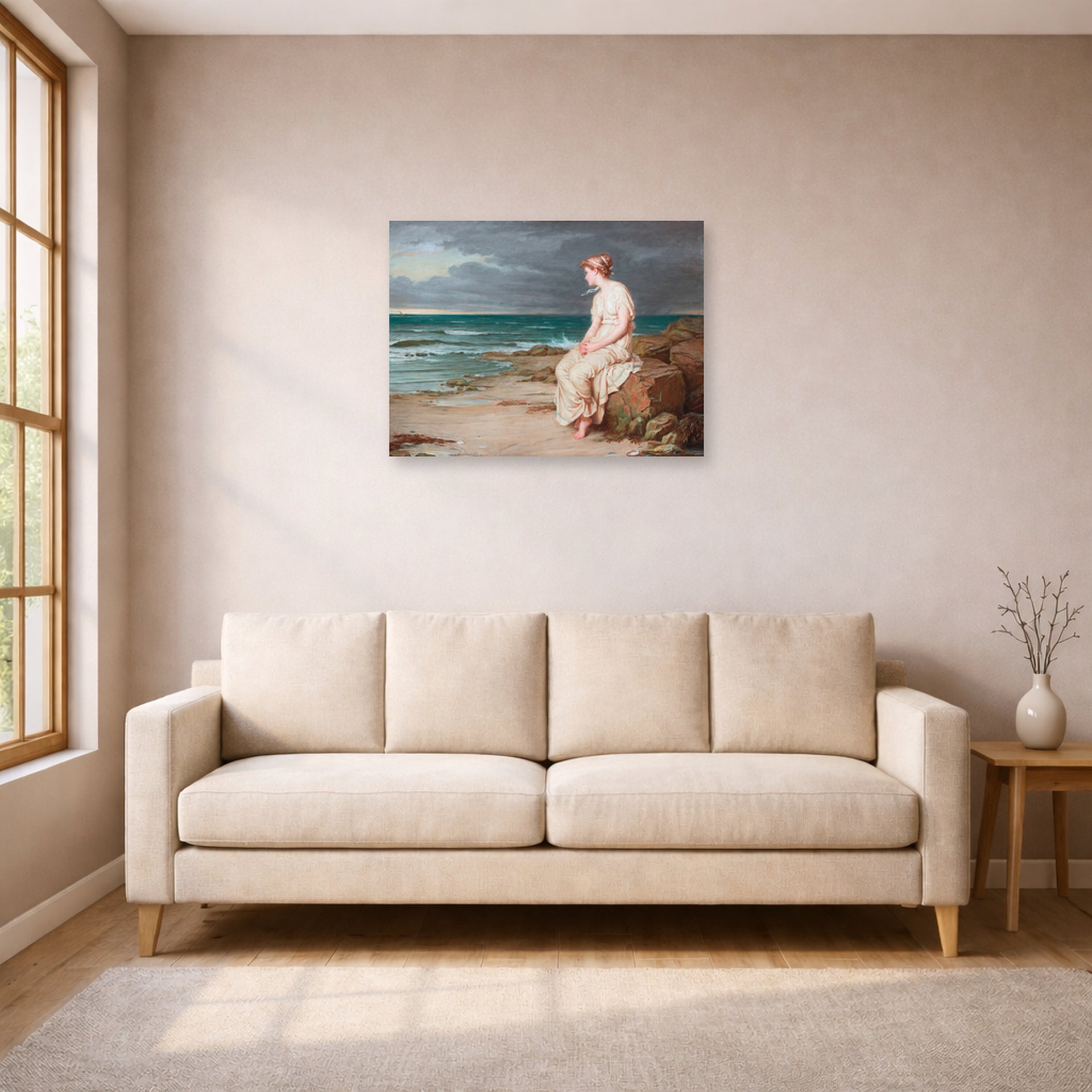 Unframed poster print of John William Waterhouse's Miranda displayed on a wall in a living room
