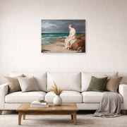 Unframed poster print of John William Waterhouse's Miranda displayed on a wall in a living room