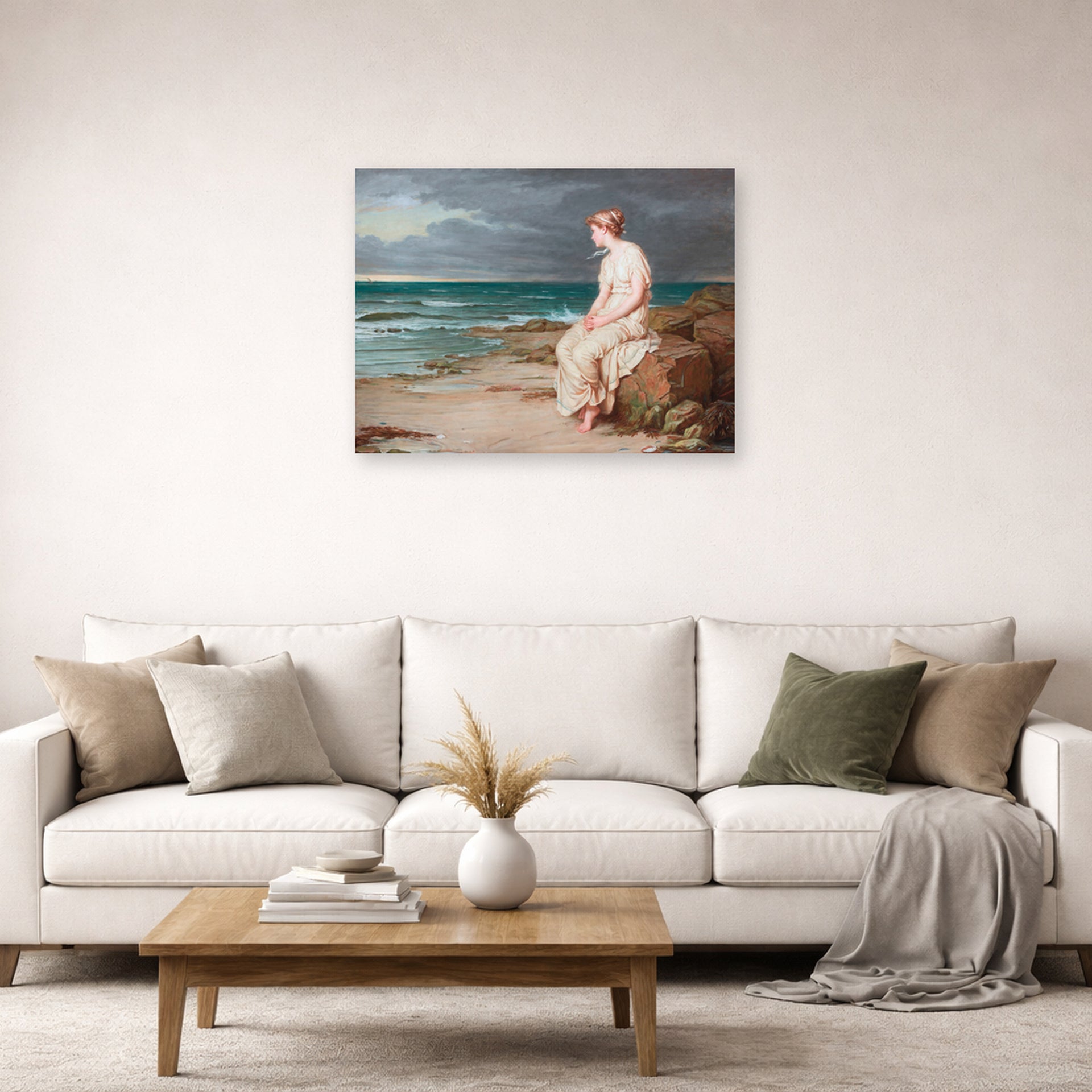 Unframed poster print of John William Waterhouse's Miranda displayed on a wall in a living room