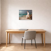 Unframed poster print of John William Waterhouse's Miranda displayed on a wall in a office