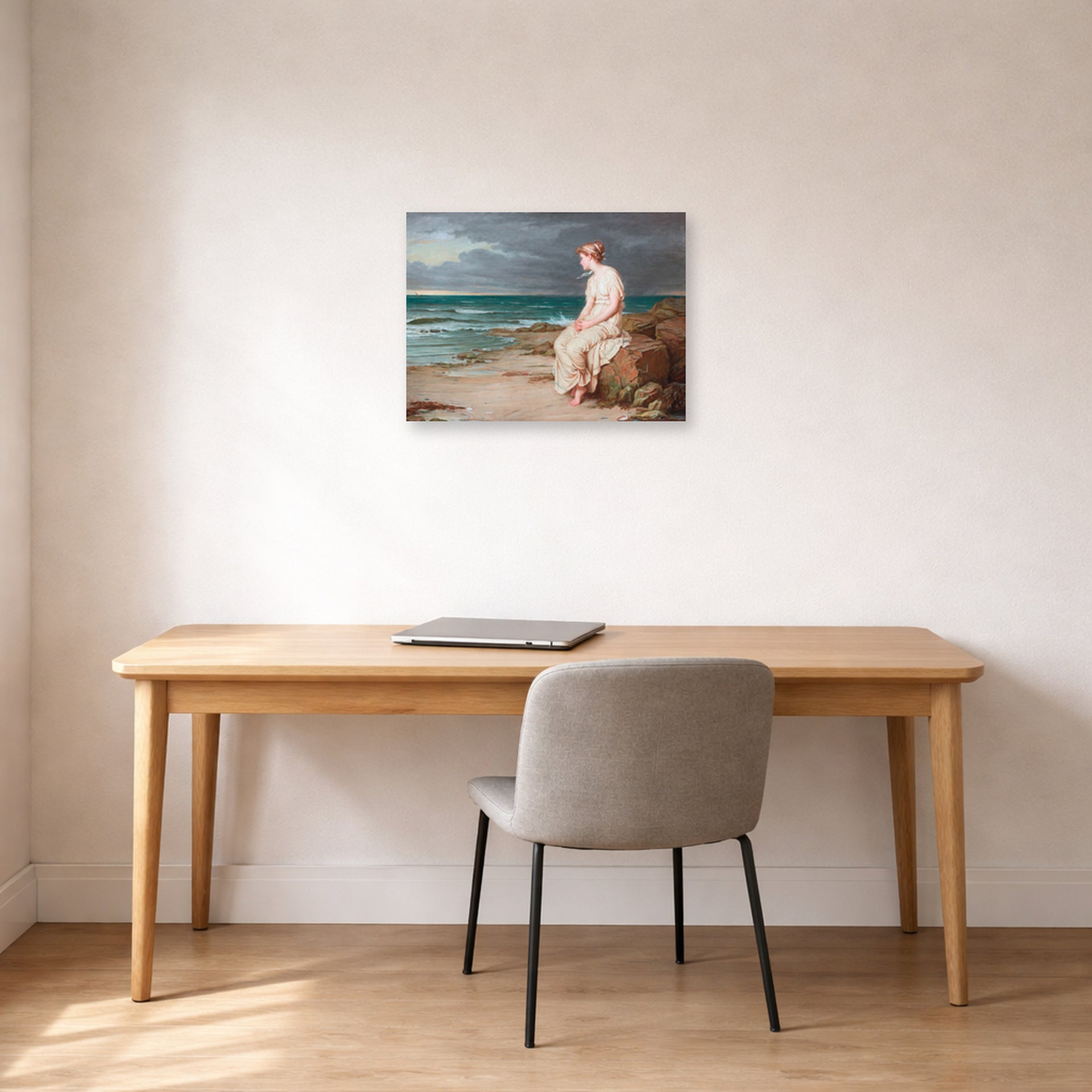 Unframed poster print of John William Waterhouse's Miranda displayed on a wall in a office
