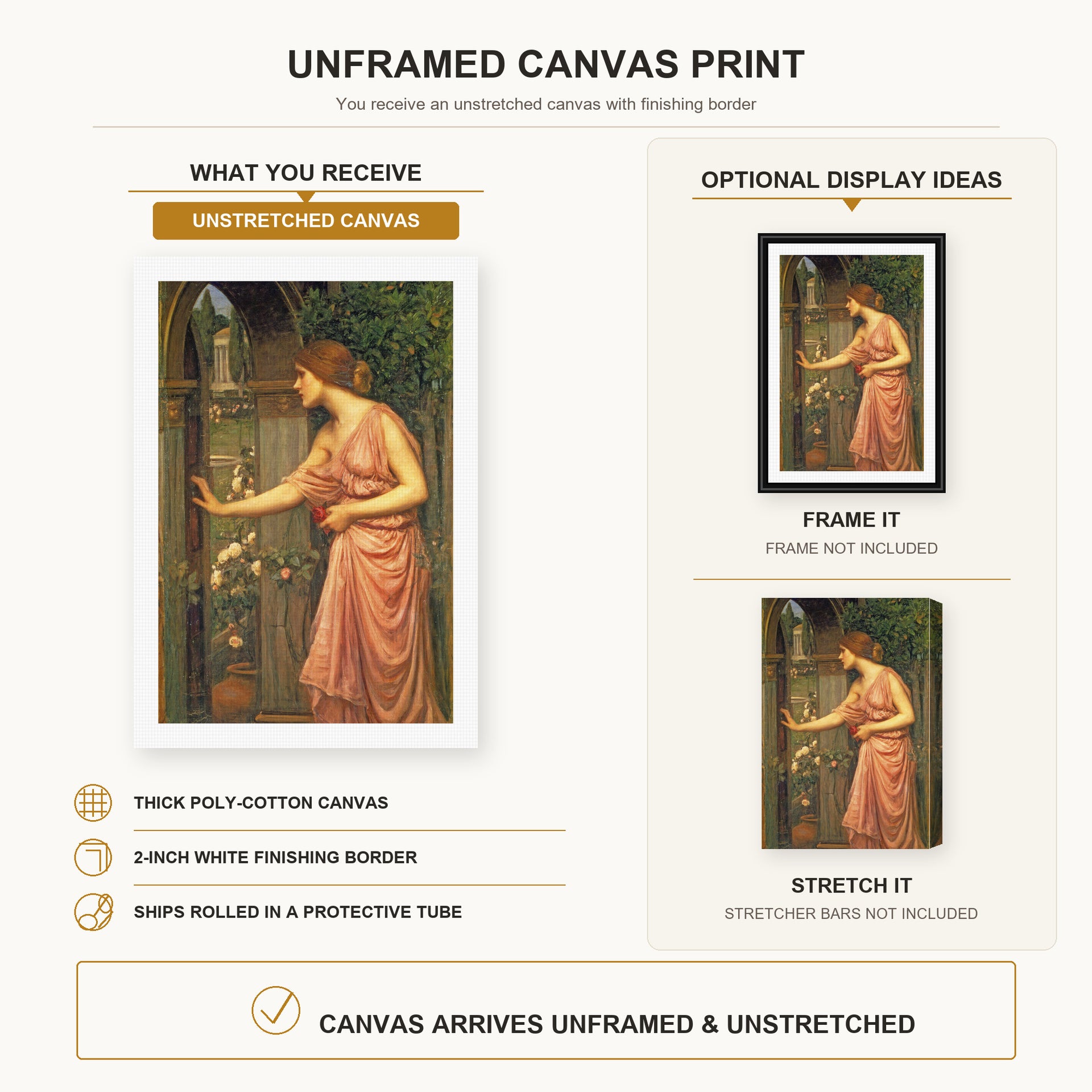 John William Waterhouse - Psyche Entering Cupids Garden canvas print size comparison and framing display infographic