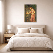 Gallery-wrapped canvas print of John William Waterhouse's Psyche Entering Cupids Garden displayed on a wall in a bedroom