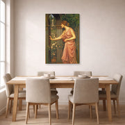 Gallery-wrapped canvas print of John William Waterhouse's Psyche Entering Cupids Garden displayed on a wall in a dining room