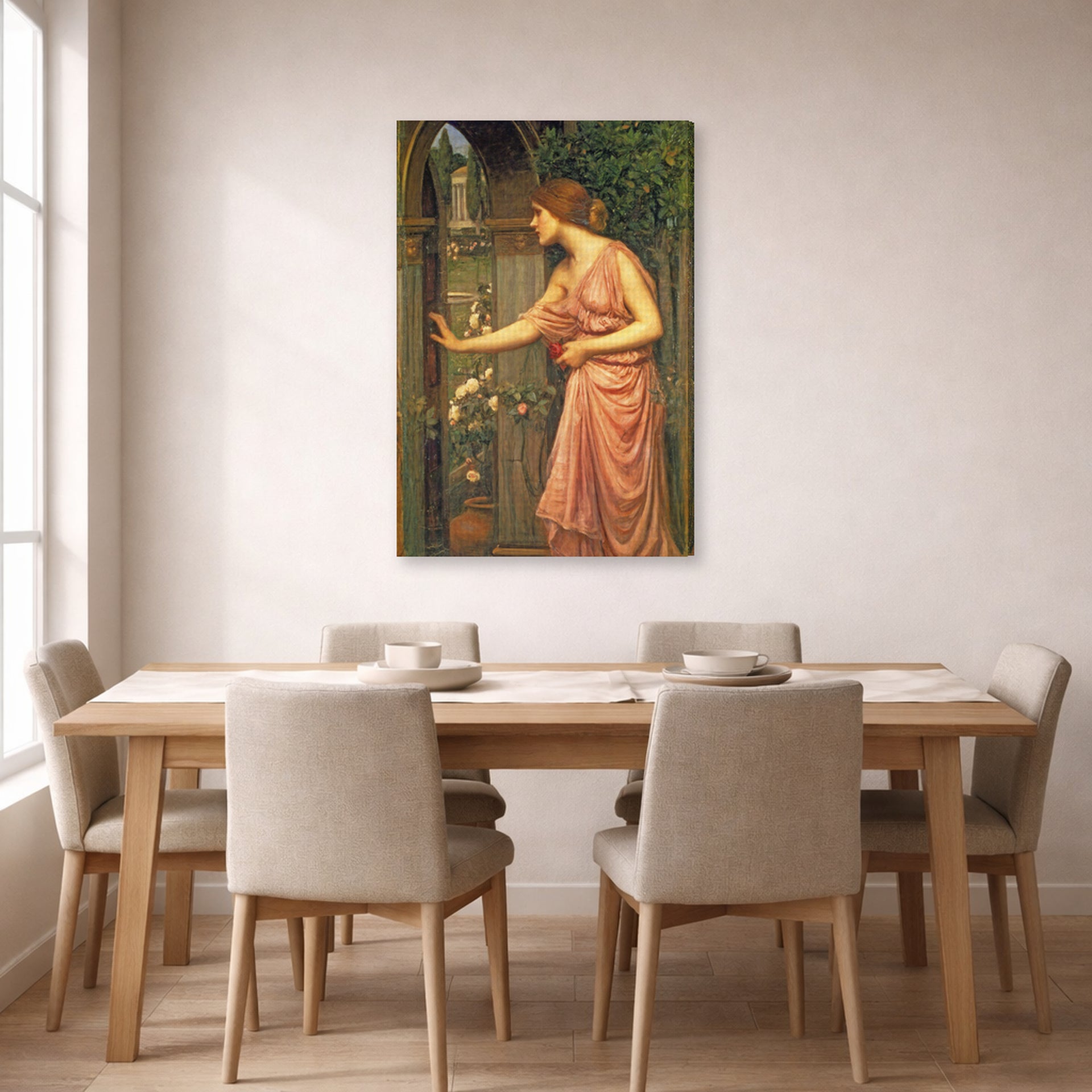 Gallery-wrapped canvas print of John William Waterhouse's Psyche Entering Cupids Garden displayed on a wall in a dining room