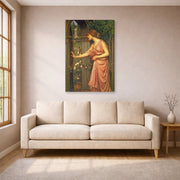 Gallery-wrapped canvas print of John William Waterhouse's Psyche Entering Cupids Garden displayed on a wall in a living room