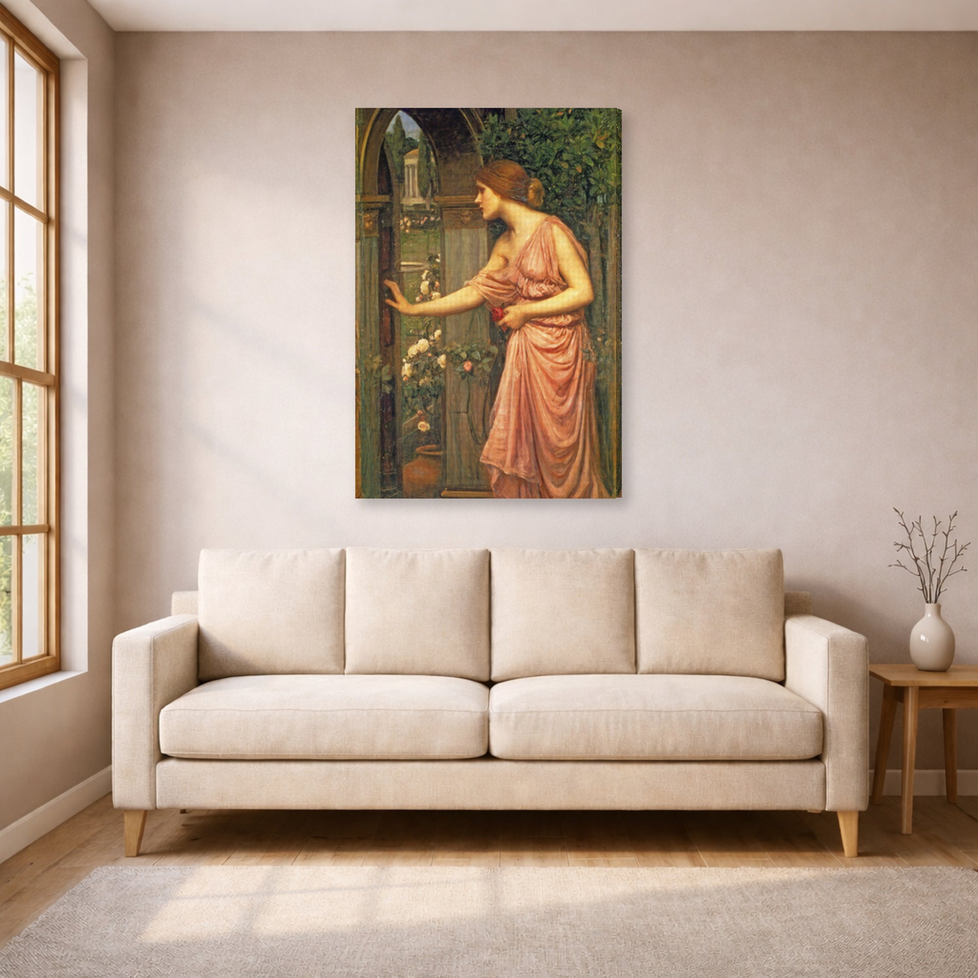 Gallery-wrapped canvas print of John William Waterhouse's Psyche Entering Cupids Garden displayed on a wall in a living room