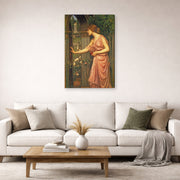 Gallery-wrapped canvas print of John William Waterhouse's Psyche Entering Cupids Garden displayed on a wall in a living room