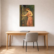 Gallery-wrapped canvas print of John William Waterhouse's Psyche Entering Cupids Garden displayed on a wall in a office